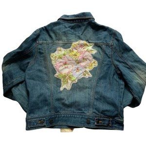 Custom Denim Jacket Floral Applique Medium Handmade Art to Wear OOAK Cottage